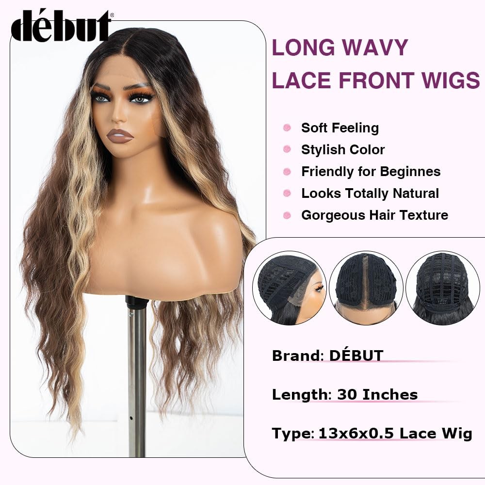 30 Inches Skunk Stripe Brown Blonde Water Wave 13x6x0.5 Lace Front Wigs Long …