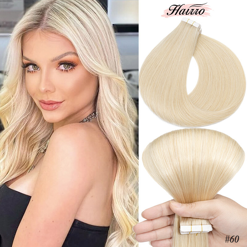 #60 Platinum Blonde Tape In Human Hair Extensions Russian Remy Skin Weft HAIRRO