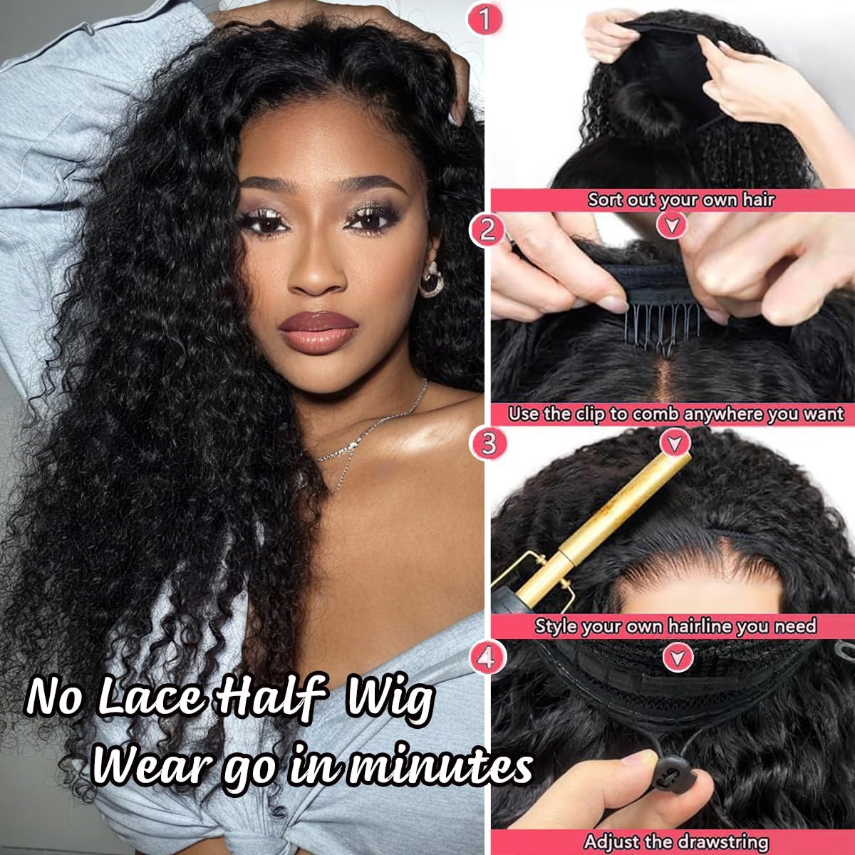 Xsy Curly Half Wig Human Hair 12 Inch Deep Wave Half Wigs For Black Women 3 In