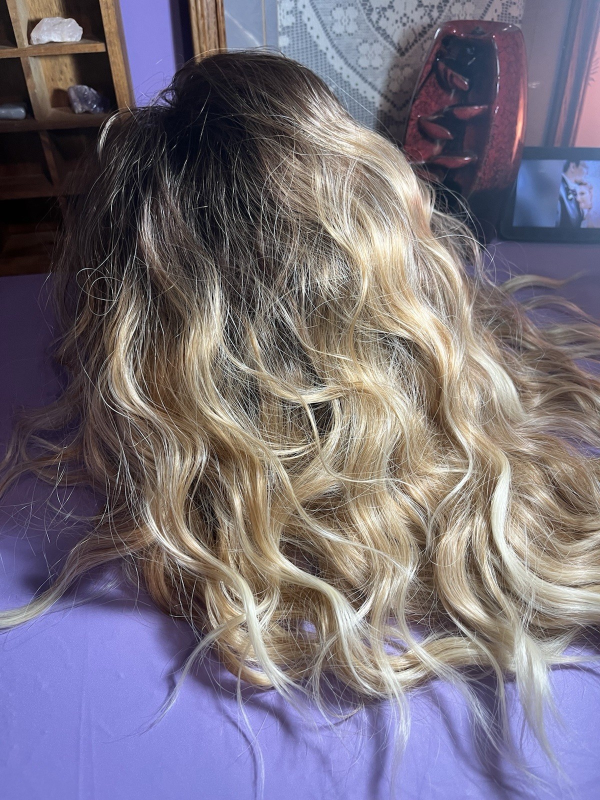 Wavy Ombré Blonde Wig w/ Dark Roots Clip-In Classic Cap Synthetic 21-30in