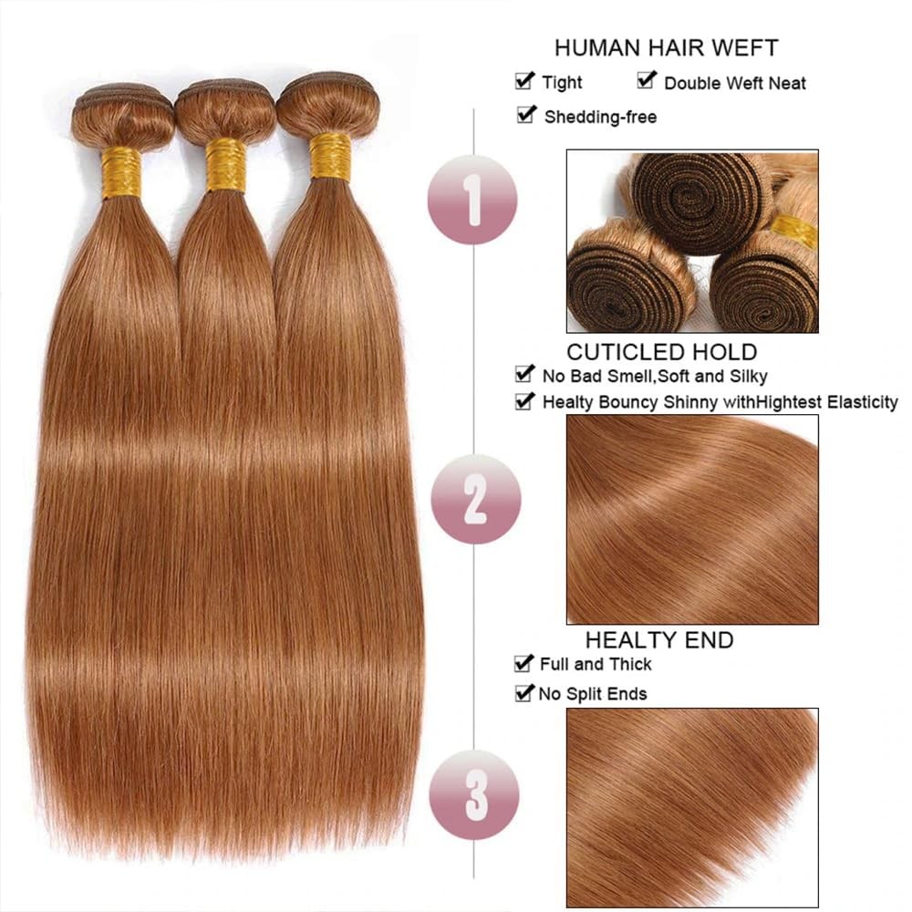 Xddnamei Brazilian Virgin Human Hair Bundles Color 30 Light Brown Straight Wave
