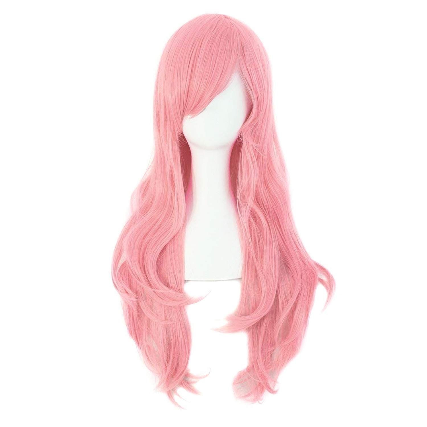 Cosplay-Ready 28 Inch Pink Curly Wig with Side Bangs – Synthetic & Modern Style