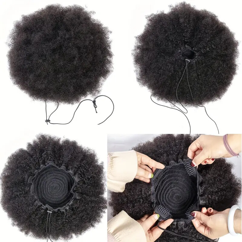 Clip in Human Afro Puff Drawstring Ponytail Bun Scrunchie Updo Chignon Hairpiece