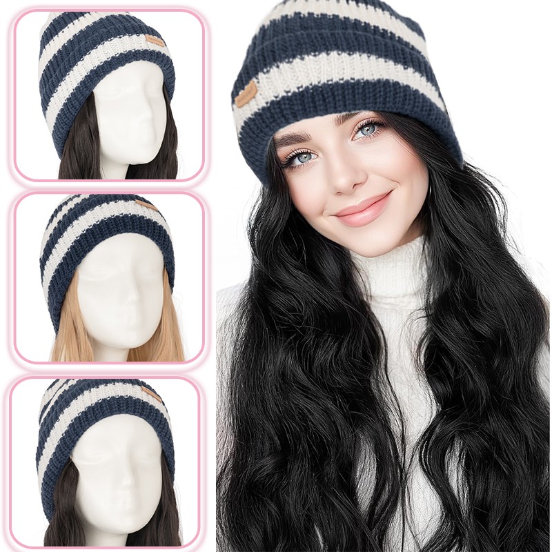 18in Beanie Hat Wig with Hair Attached Long Wavy Black Winter Knitted Hat Warm