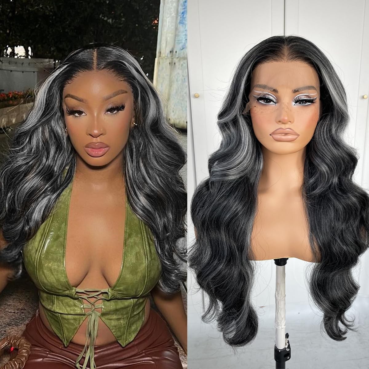 Highlight Lace Front Wig Pre-Plucked Black And White Skunk Stripe Body Wave H…