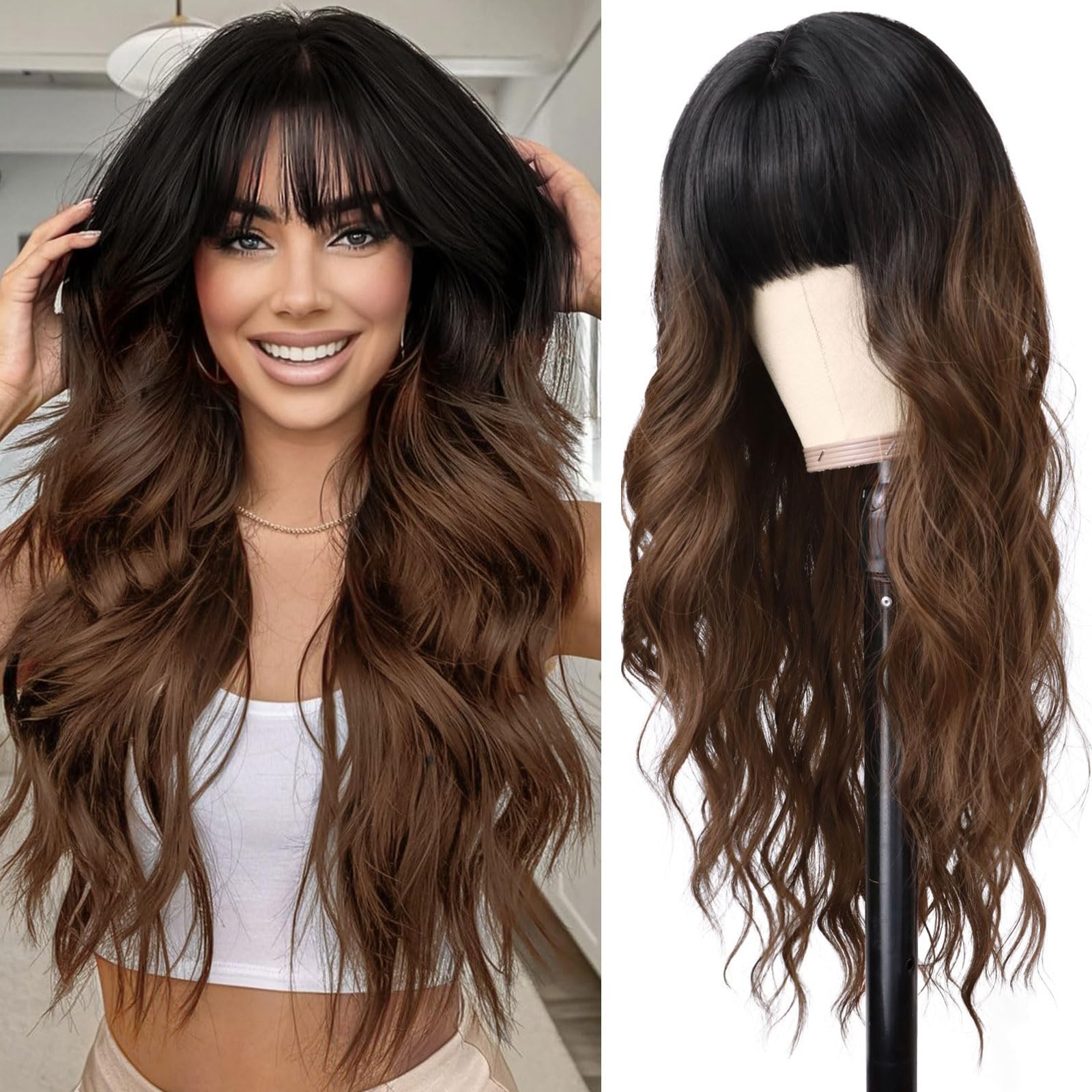 Ombre Brown Wig with Bangs Long Wavy Curly Wigs with Dark Root Women’s Synthe…