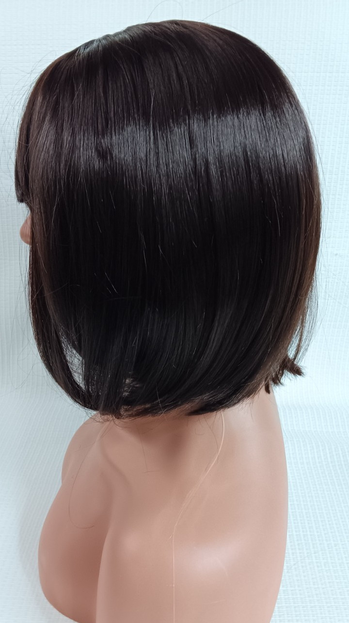 Women’s breathable Cap synthetic Fiber Straight Dark Shiny Brown Bang hair wig
