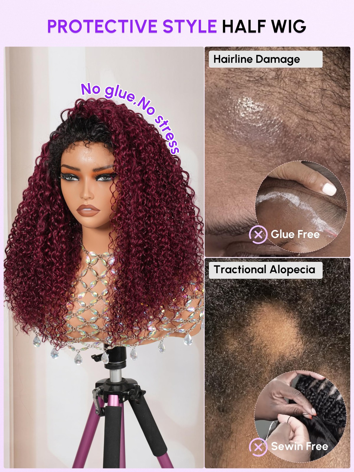 Shangyinfa Shangyin T1B/99J Half Wig Human Hair Water Wave Flip Over Half Wig