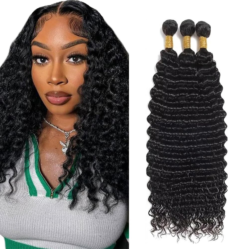 LadrXadr Human Hair Bundles Human Hair Deep Wave Bundles 12 14 16 inch Wet and W