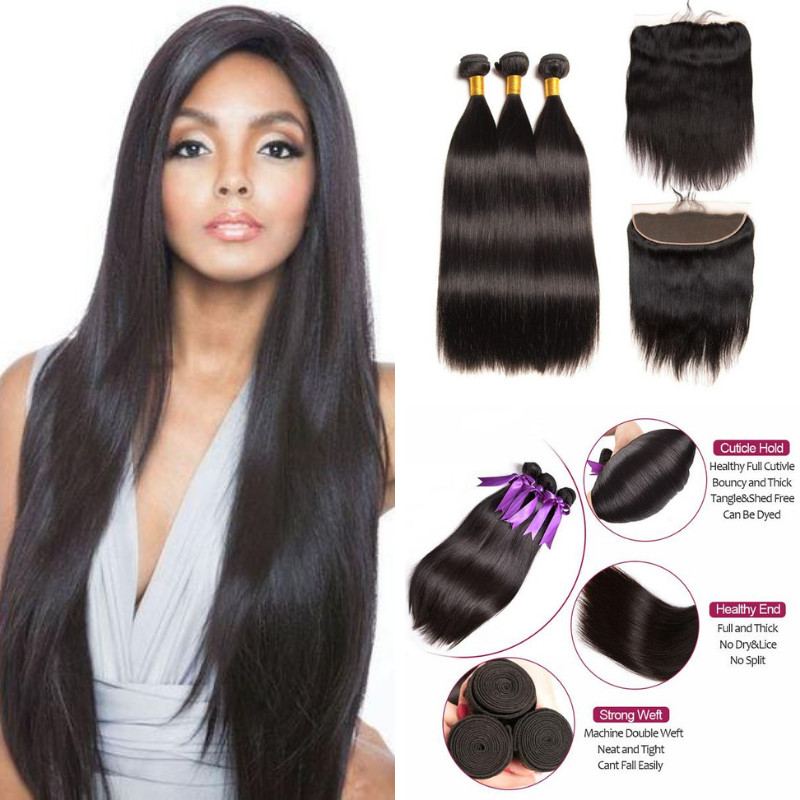 Ustar Natural Black Virgin Straight Hair 3 Bundles with Frontal