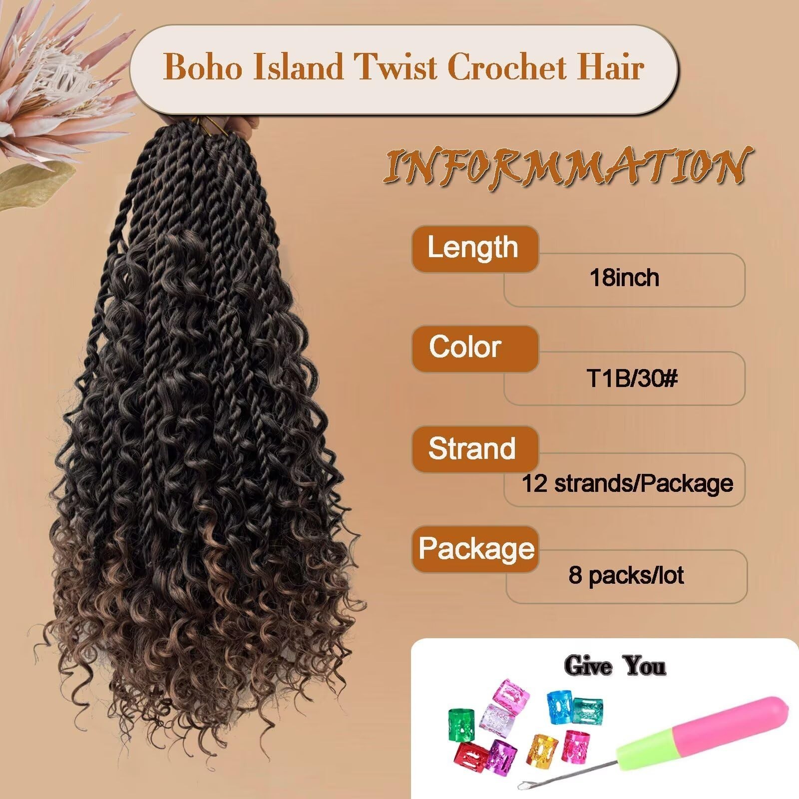 Boho Island Twist Crochet Hair 8 Packs 18 Inch Pre-Looped Goddess S… Fast Ship