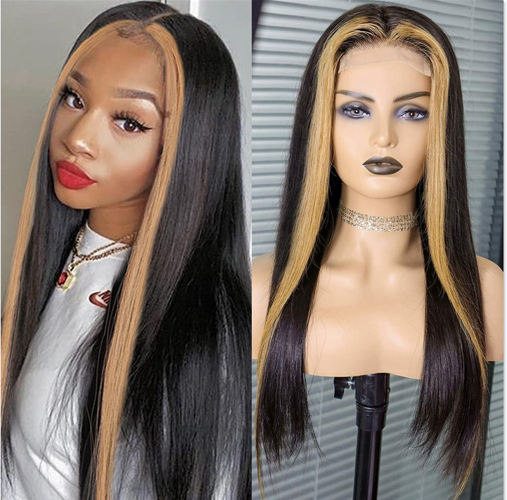 Blonde Skunk Stripe Highlight Long Straight Black Wigs Lace Front Wigs Glueless
