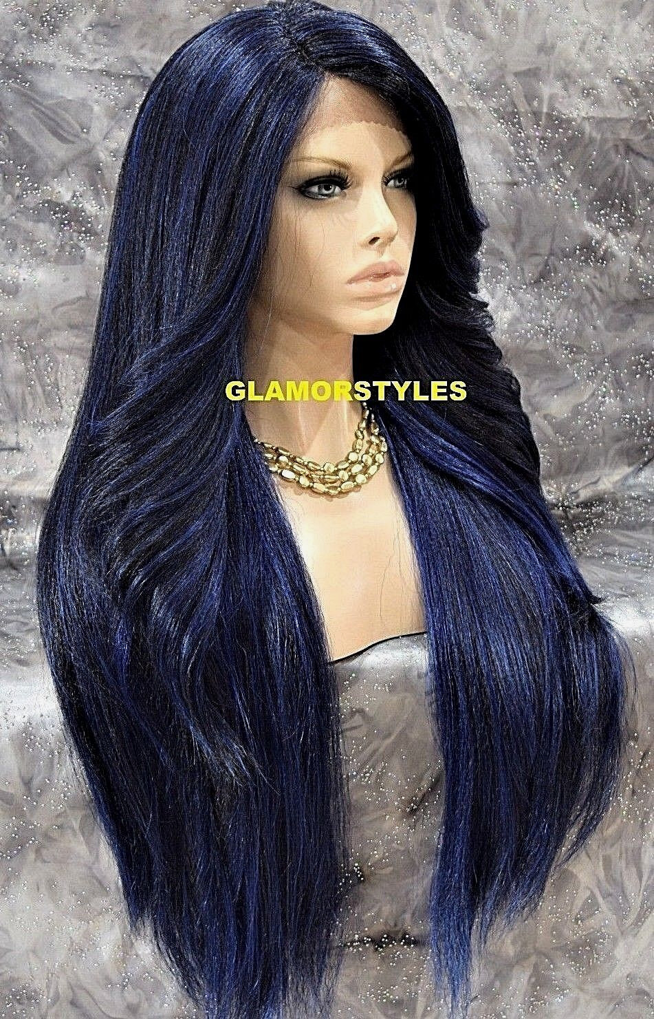 39″ LACE FRONT FULL WIG LONG STRAIGHT LAYERED W SIDE PART BLUE BLACK MIX HEAT OK