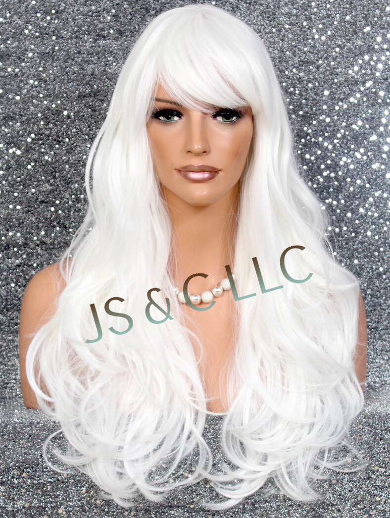 Human hair Blend Full Wig White LOng slightly Wavy Layers Bangs Heat OK WBKT