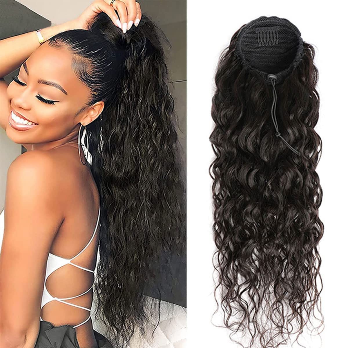 Annora Water Wave Ponytail Human Hair Extensions For Women Remy Brazilian Corn