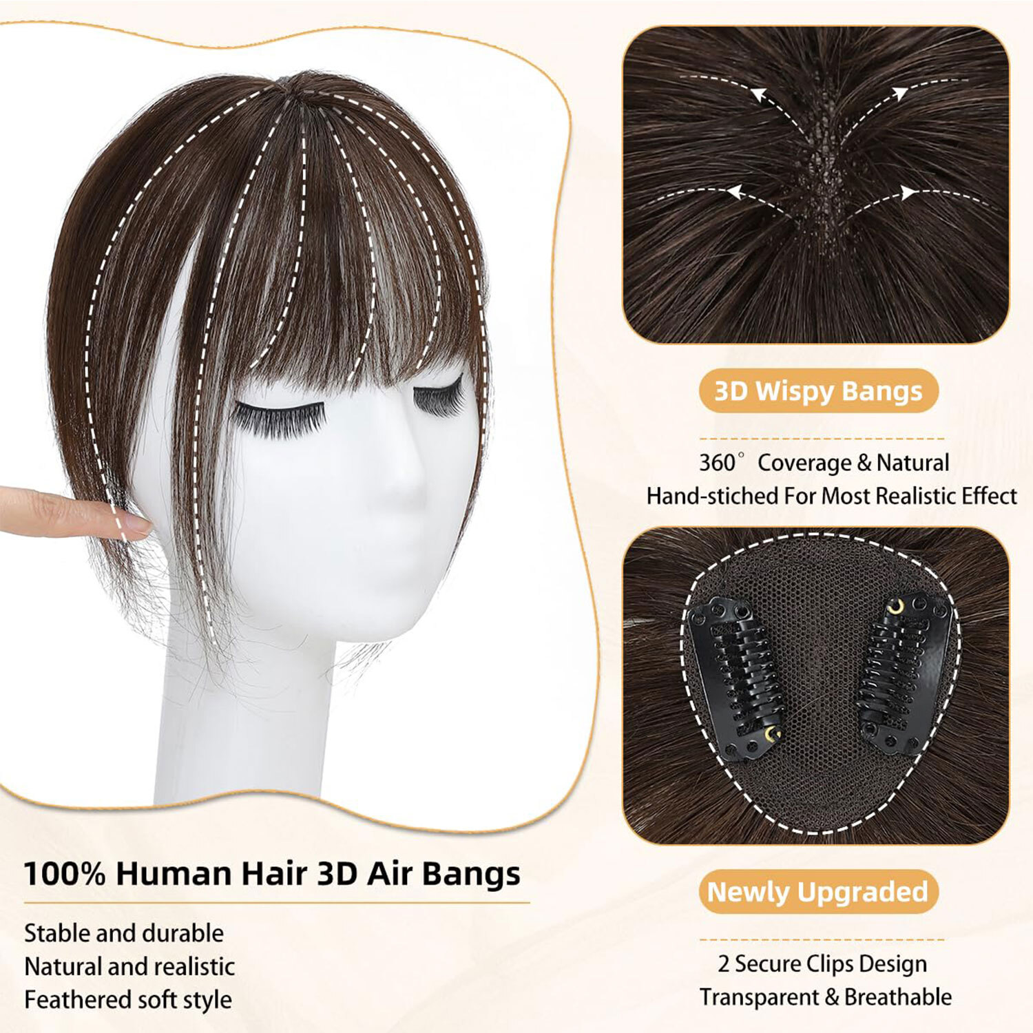 Clip in Bangs Topper 100% Remy Human Hair 360° 3D Wispy Fake Bangs Black Brown X