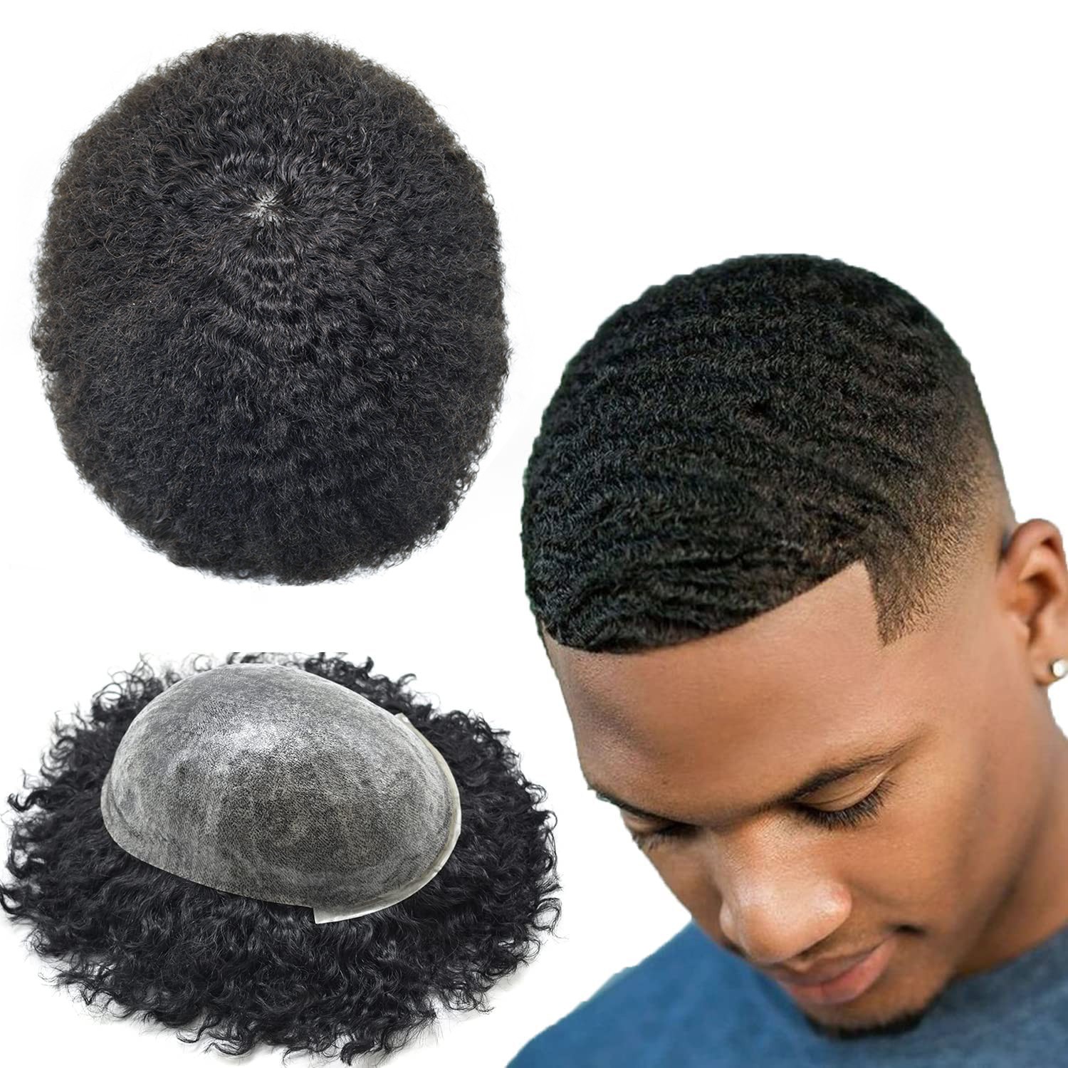 Hair Units for Black Men Thin Skin Afro Curly African American Toupee Hairpieces
