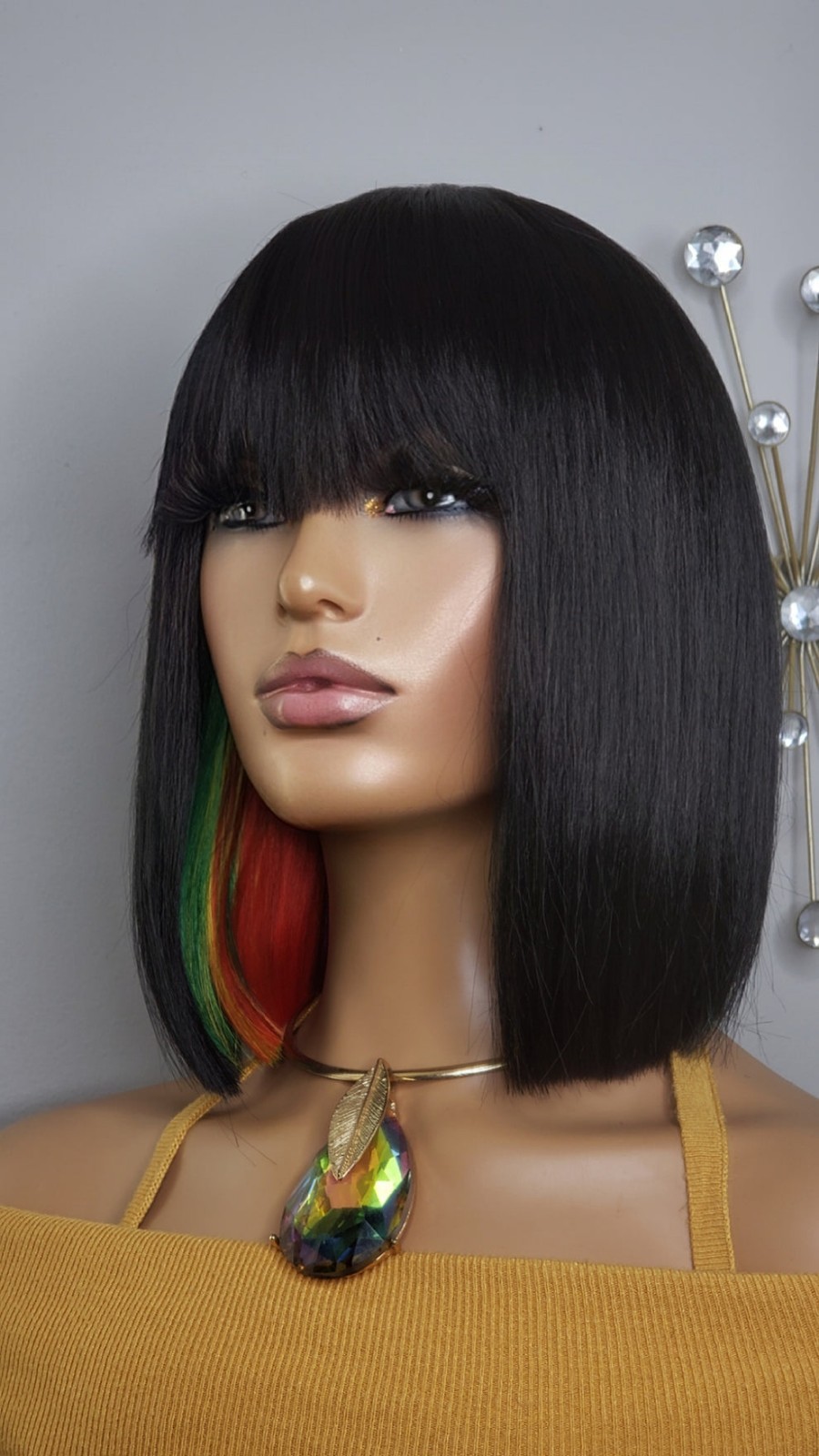 New Short Human Hair Blend Straight Bob Wrap Style Full Cap Wig Black Rainbow