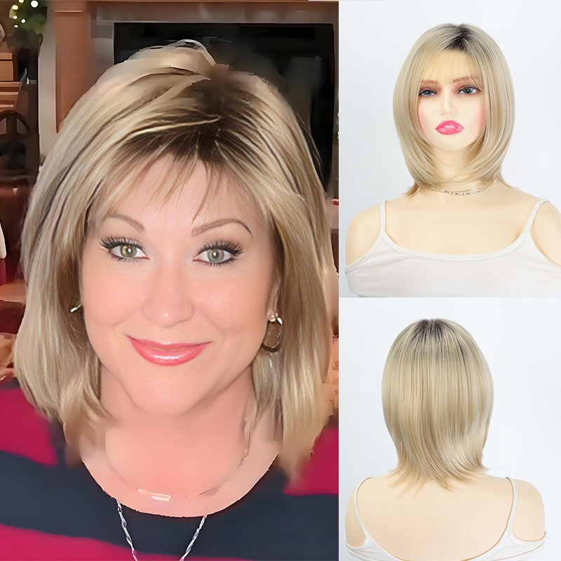 Rooted Blonde Mix Bob Hairstyle Synthetic Hair Wigs Women Soft Natural Daily Use