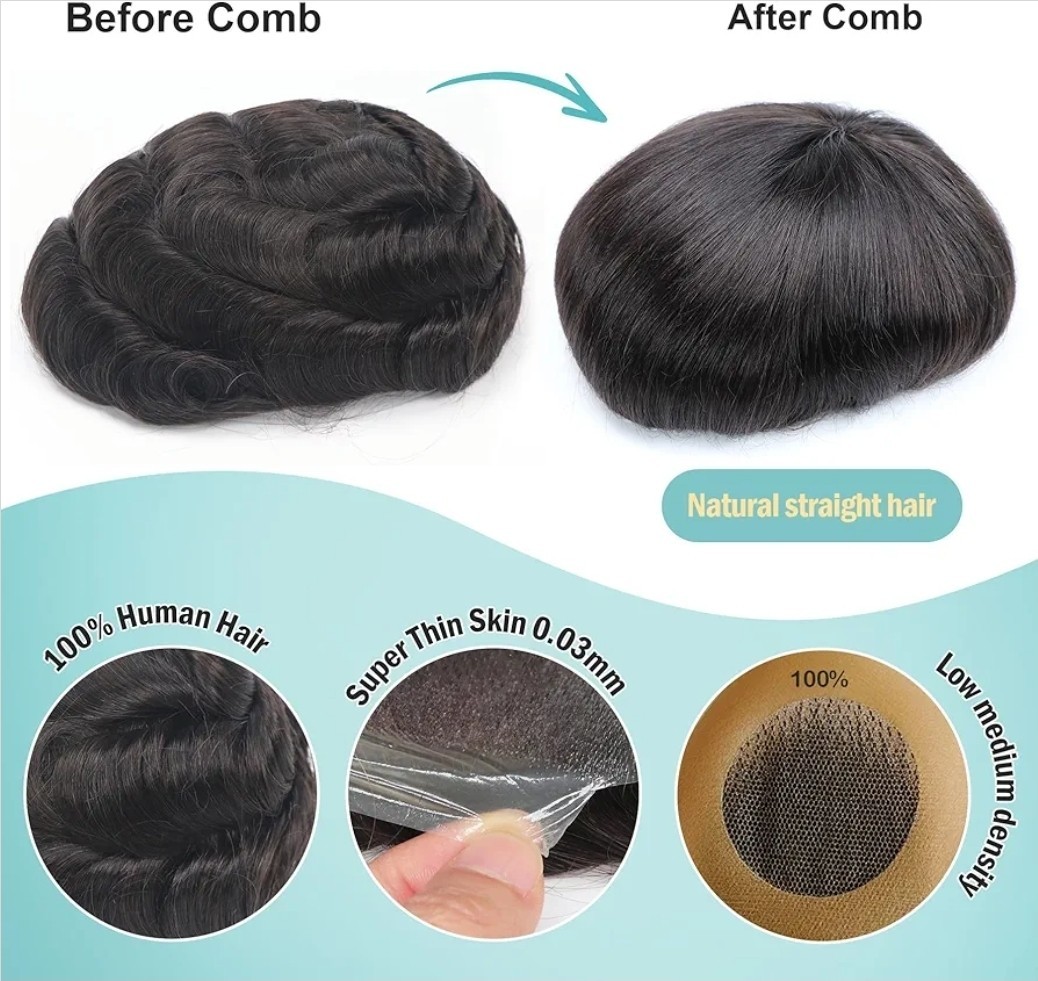 Mens Toupee 0.03mm Ultra Thin PU Skin Real Human Hair Replacement V-loop 8×10 1B