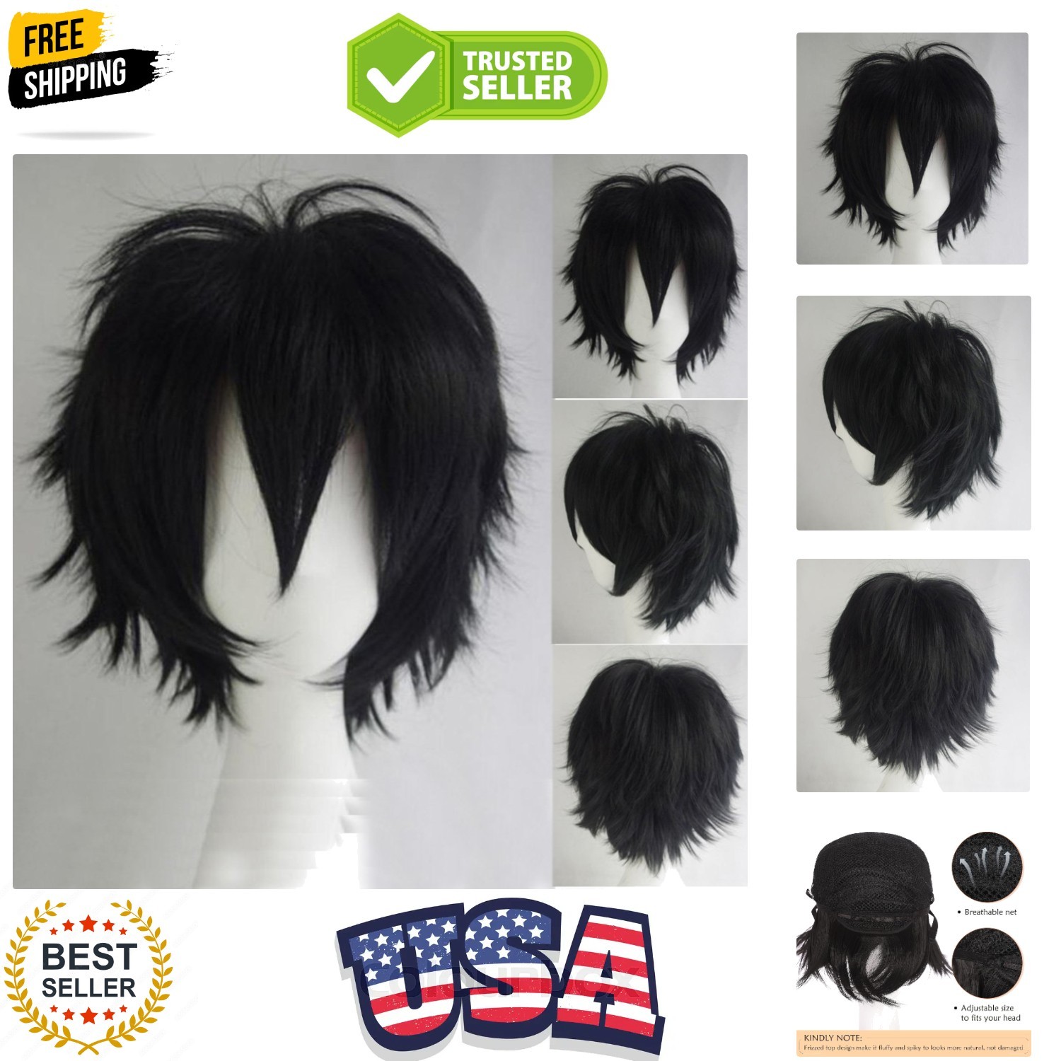 Unisex Short Cosplay Black Hair Wig Women Men Male Fluffy Straight Pixie Wigs…