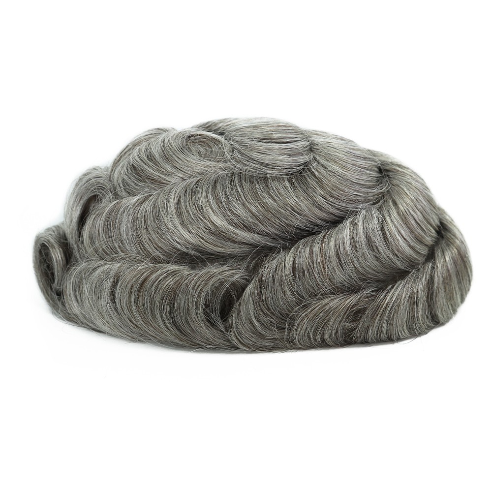 Toupee for Men Human Hair System Unit 0.05mm Thin Skin BIO Grey Hairpieces #365