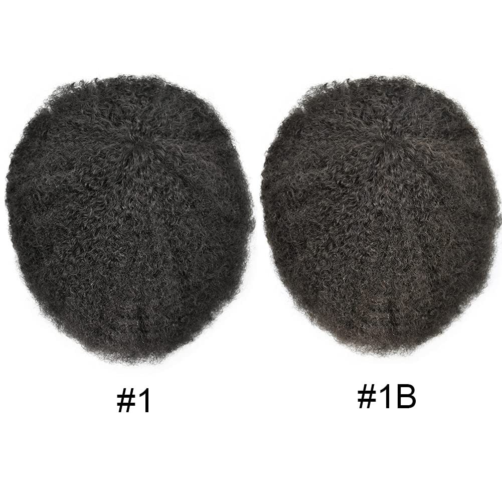 Mens Toupee Afro Curly Full Poly Skin African American Black Human Hairpiece