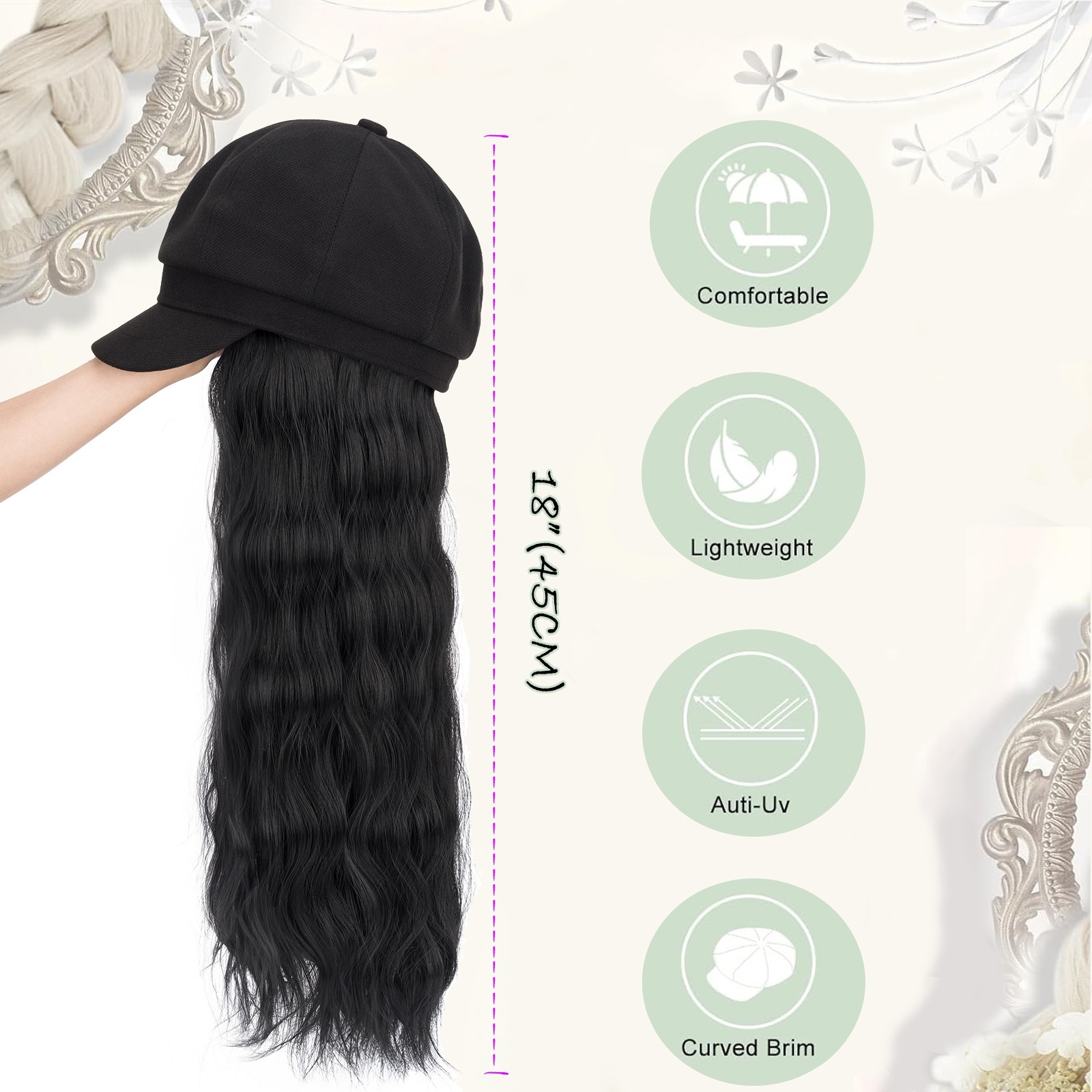 18″ Newsboy Cap with Bob Hair Extensions Black Hat Synthetic Hairpiece for Woman