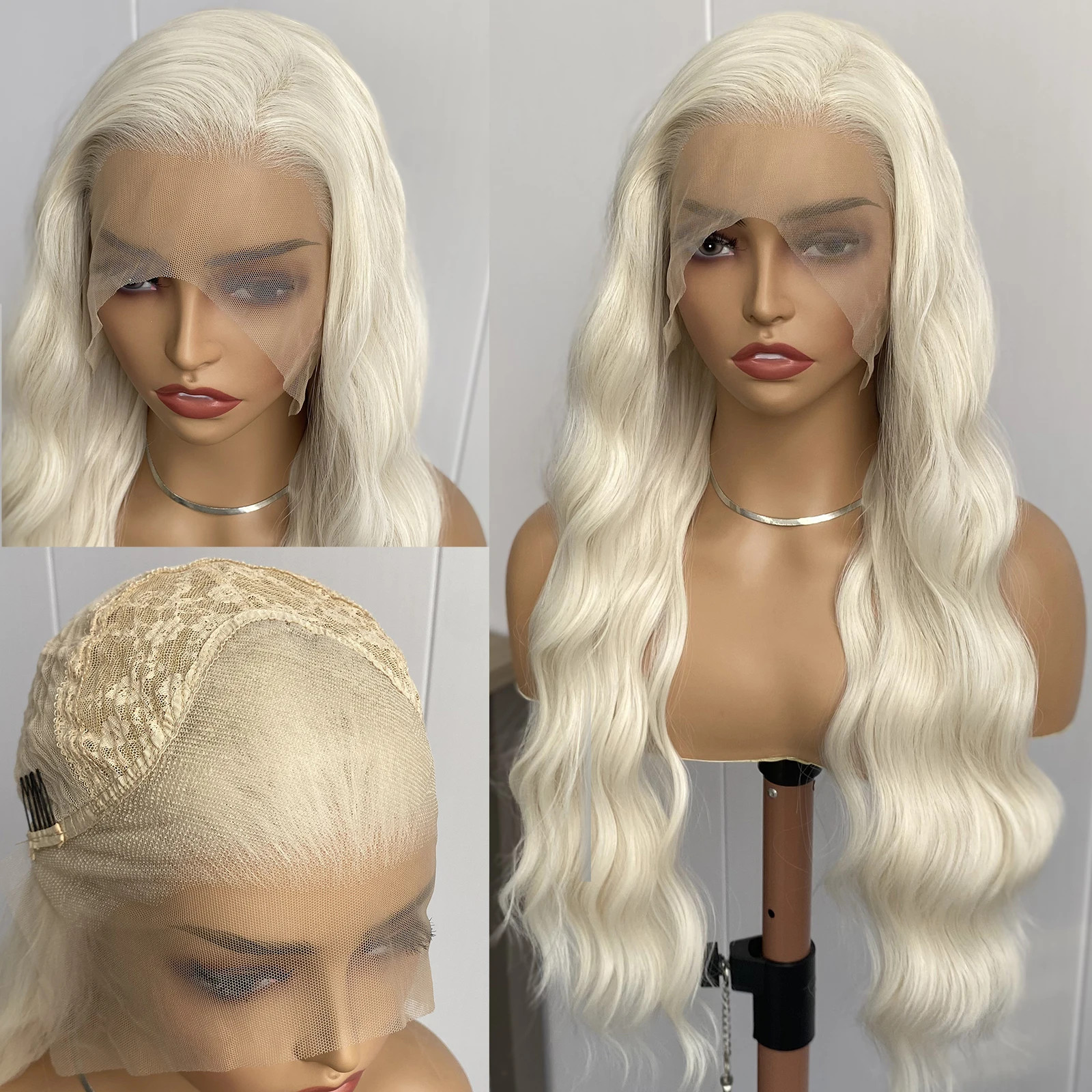 Platinum Blonde Long Body Wave Synthetic Lace Front Wigs Daily Use Cosplay Party