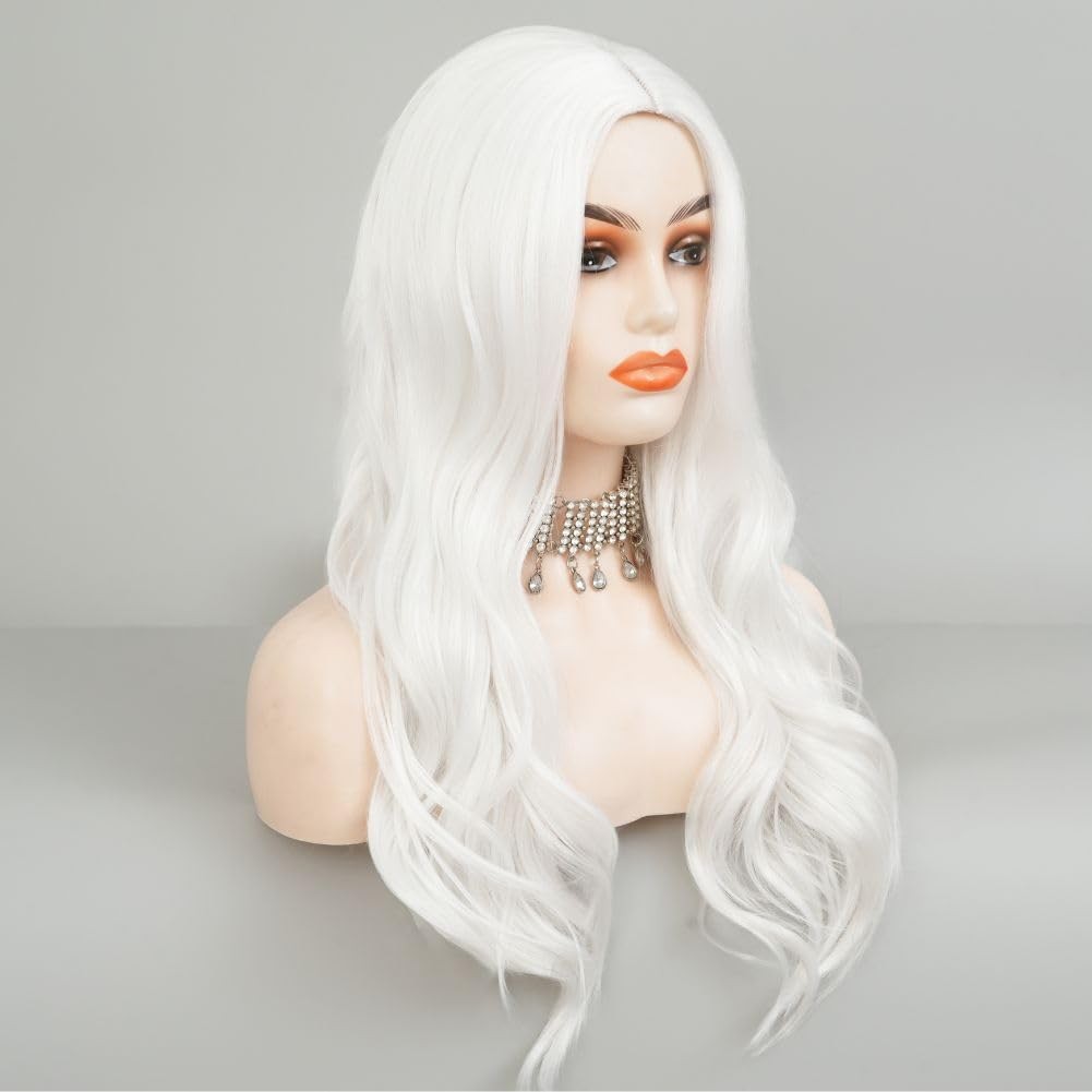 White Cosplay Wigs for Women Long Curly Wavy Middle Part Wig Heat Resistant F…