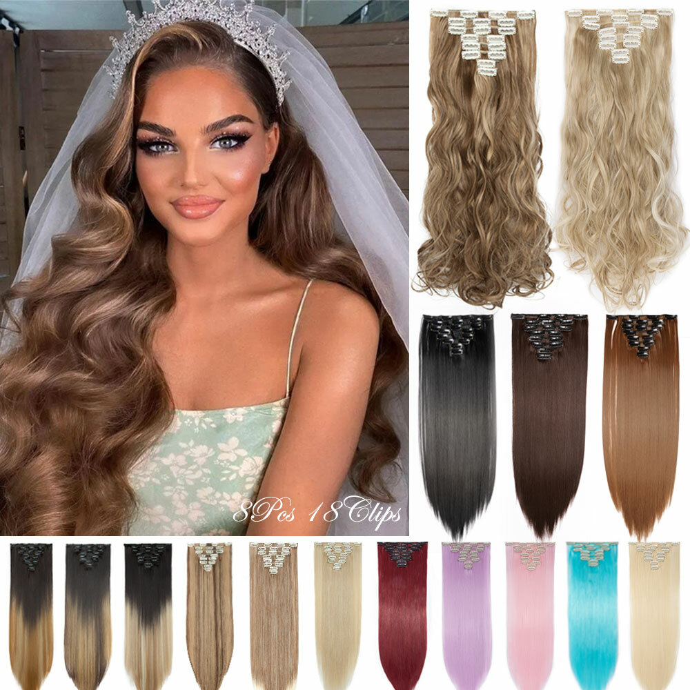8Pcs Clip In Real AS Remy Human Thick Long Curly Straight Fake Hair Extension US