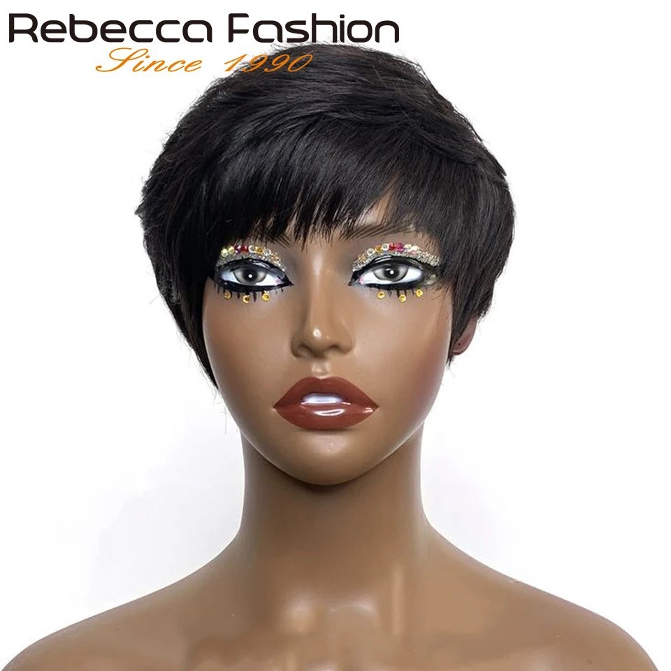 Pixie Short Cut Colored Straight Human Hair Wig Bangs Women Fashion Beauty Gift