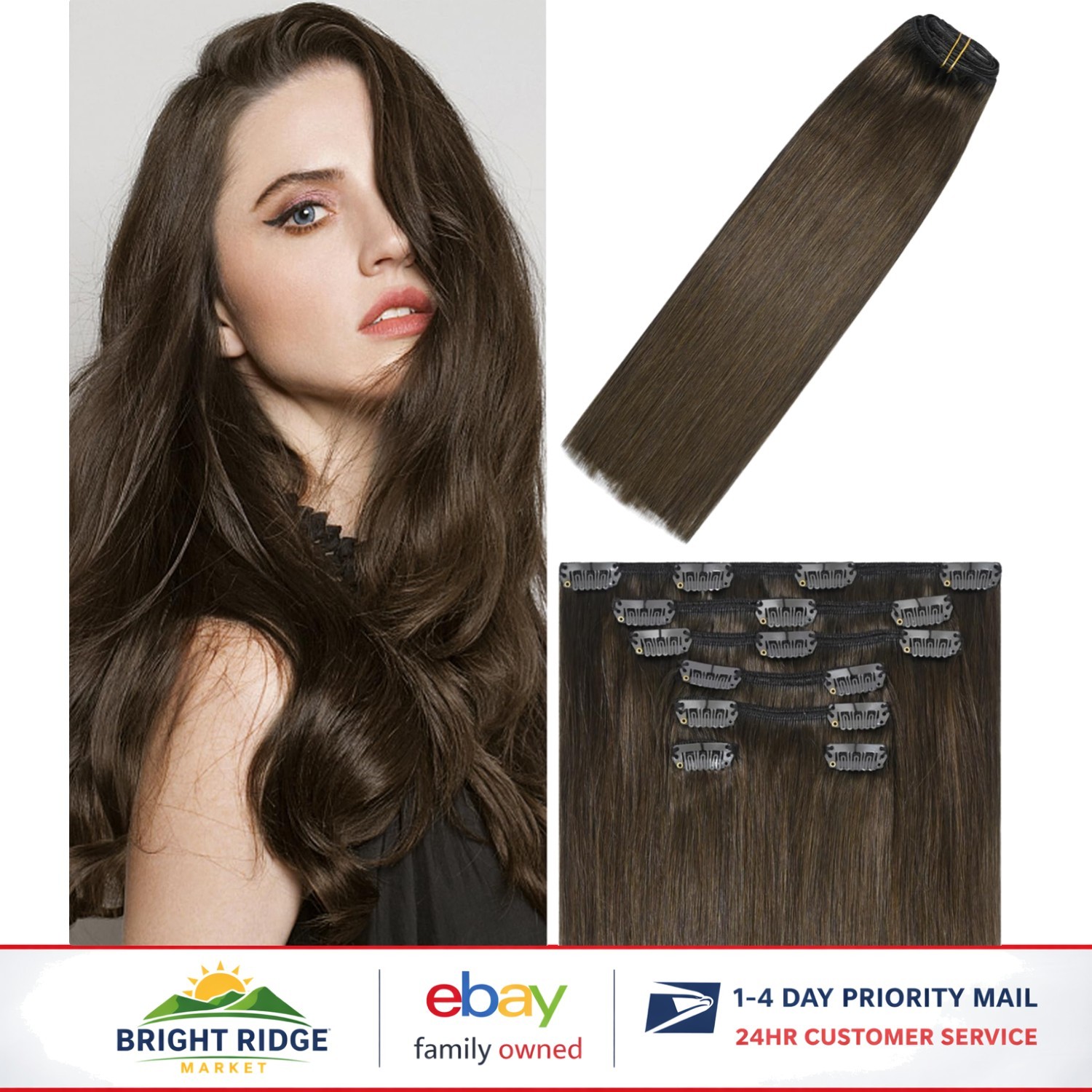 Quality 18 Inch Clip In Hair Extensions, Medium Brown, Lightweight & Comfortable