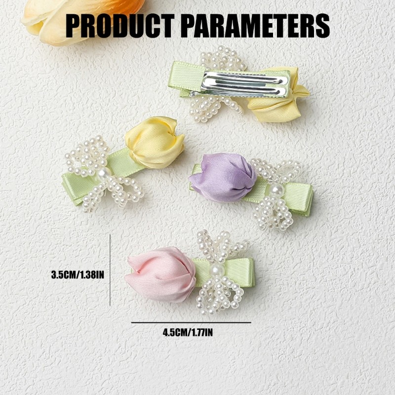Flower NonSlip Side Hair Clip Pearls Tulips Handwoven Fabric Head Accessory