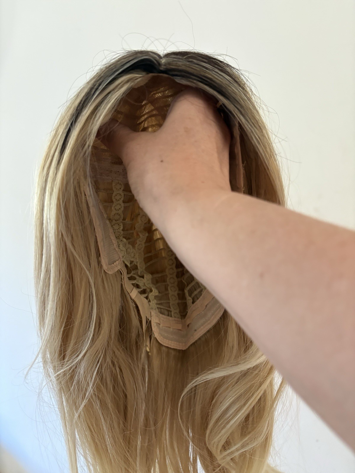 Dark Rooted Blond Synthetic Straight Wig, Classic Cap, Elastic Band, Middle-Part