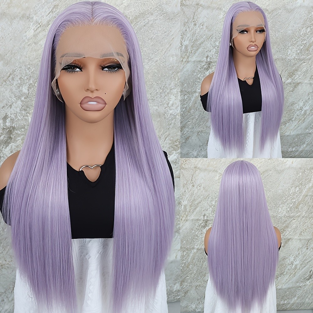 Light Purple Color Hair 26 Inches Long Silky Straight Synthetic Lace Front Wigs