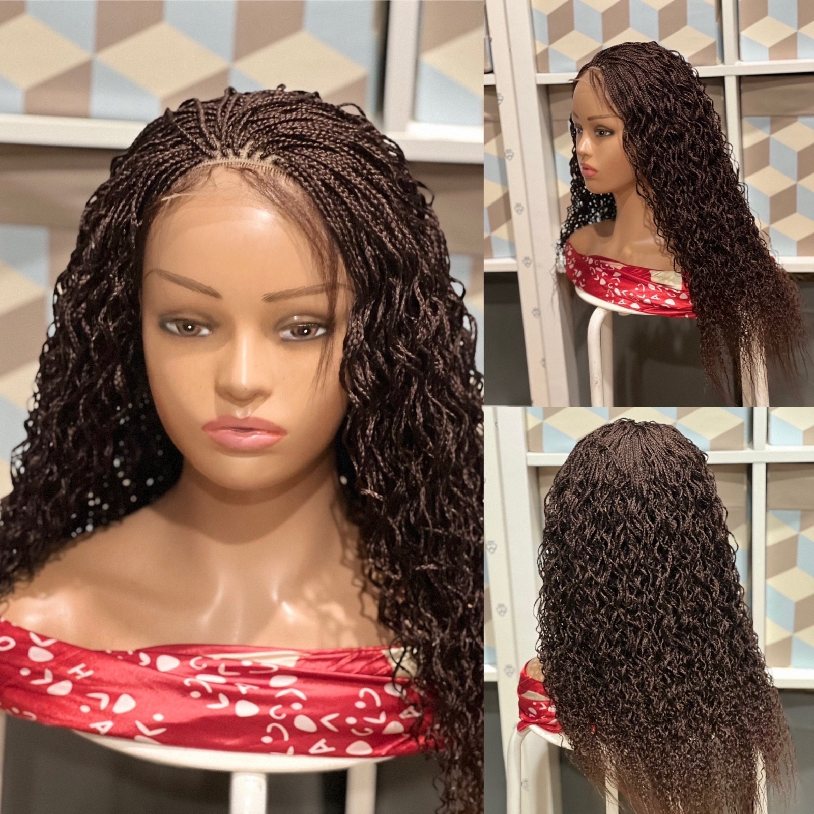 braided curly wg. It’s made on a closure. Color is Brown Length is 22”long.