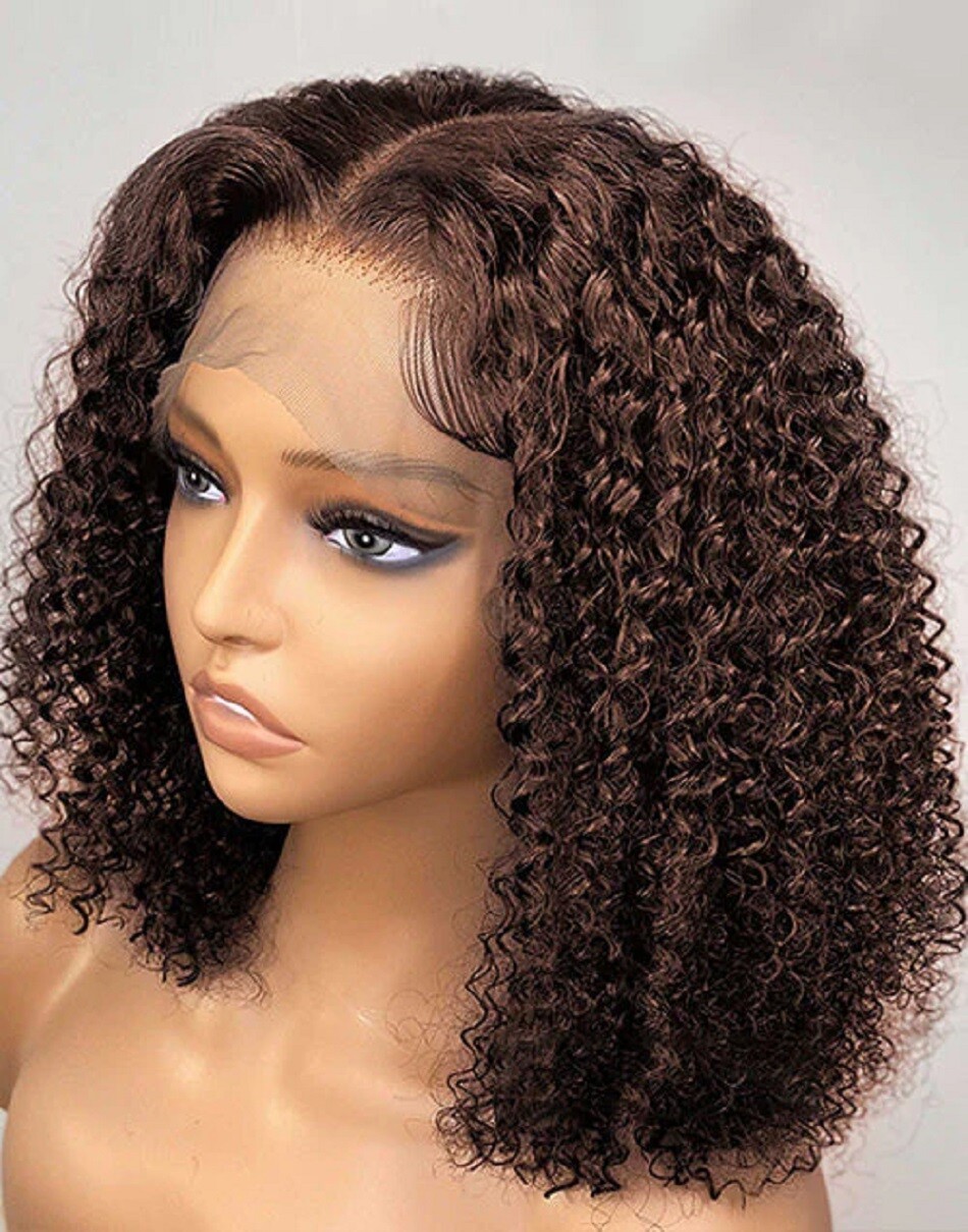 Chocolate Brown Curly 13X4 Lace Front Human Hair Wigs 4X4 Lace Closure Bob Wig