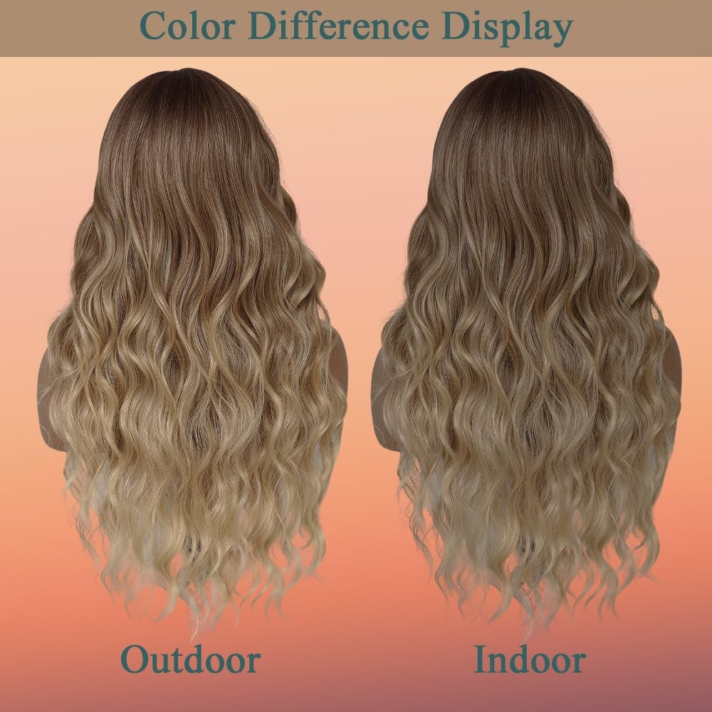 Long Blonde Highlights Wigs with Bangs 26Inch Wavy Curly Hair for Women Tangl…