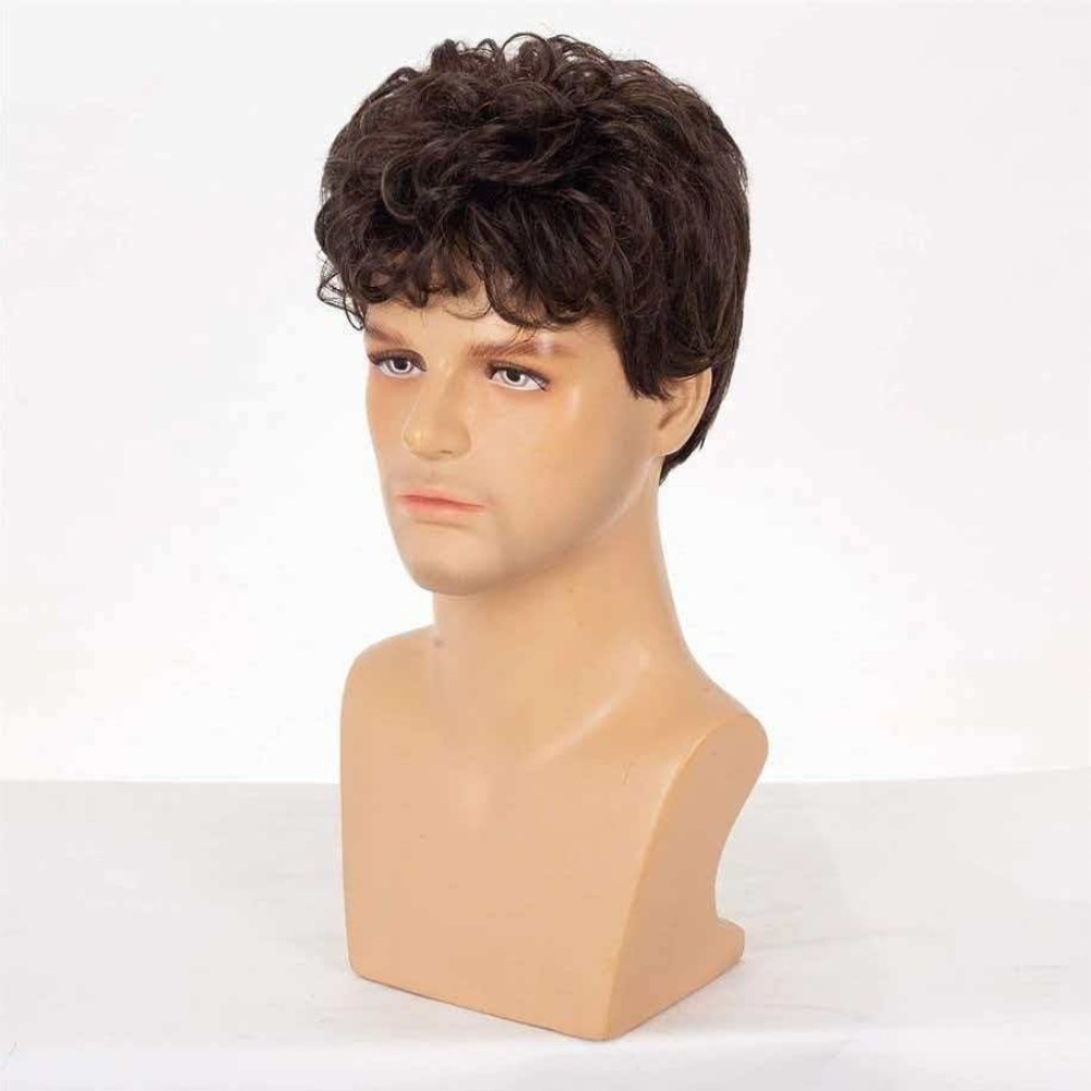 Men’s 8in Short Curly Brown Wig Full Heat Resistant Synthetic Cosplay Party