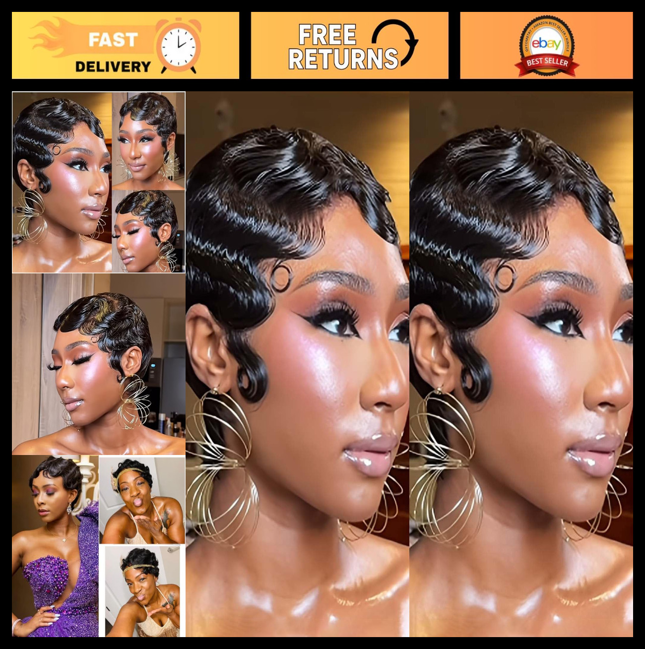 Short Black Human Hair Wig for Women – Ocean Finger Wave Pixie Cut, Glueless, Da
