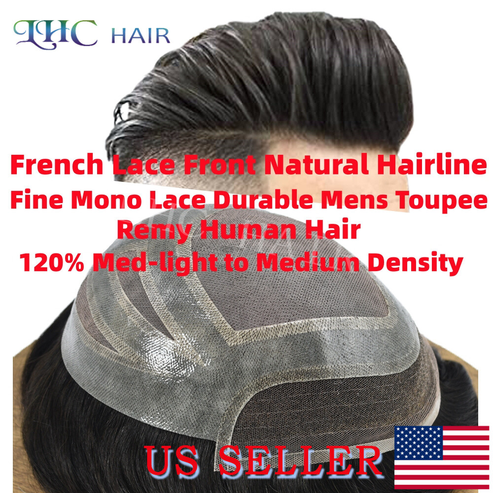 Lace Front Mens Toupee Human Hair Replacement Fine Mono Hairpiece Skin PU System