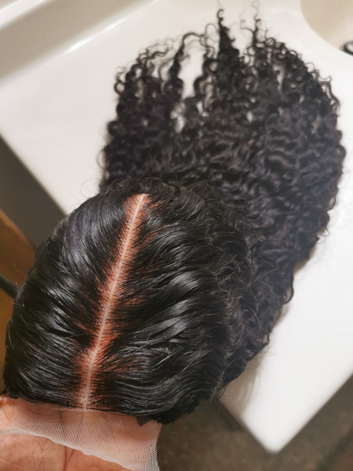 Quality Natural Black Curly Human Hair Glueless Deep Closure Wig 22″ Handmade