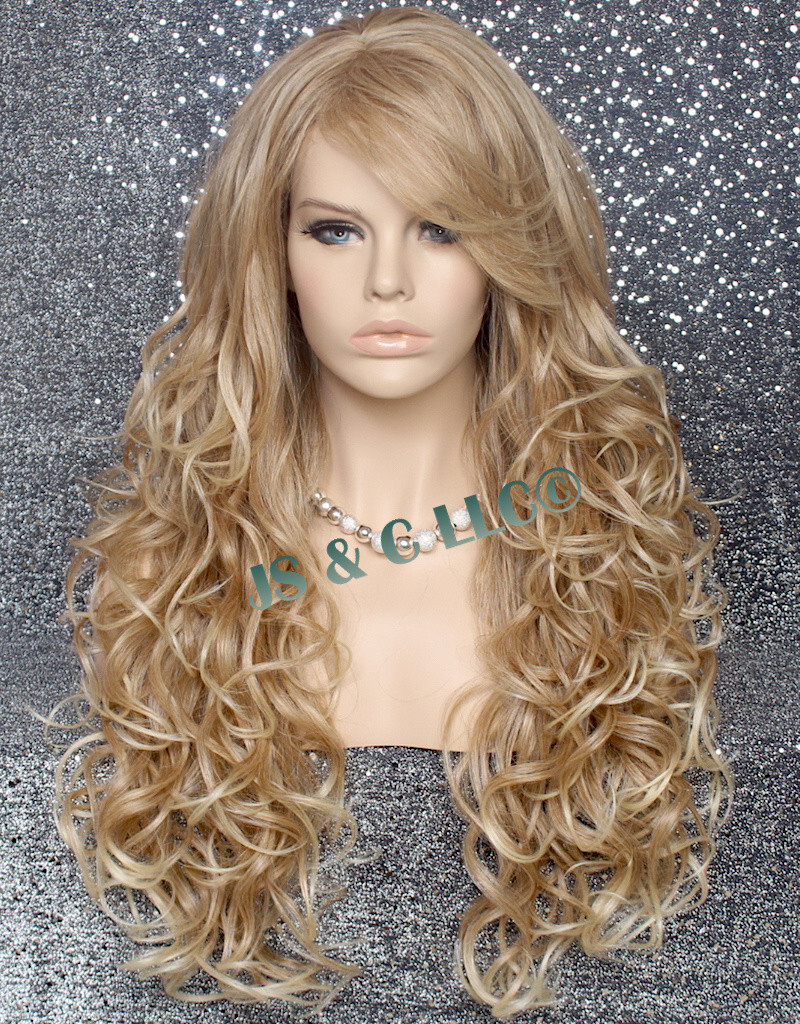 Human Hair Blend Wig Heat OK Curly Long Blonde mix Bangs Layered 27-613 NWT WBBT