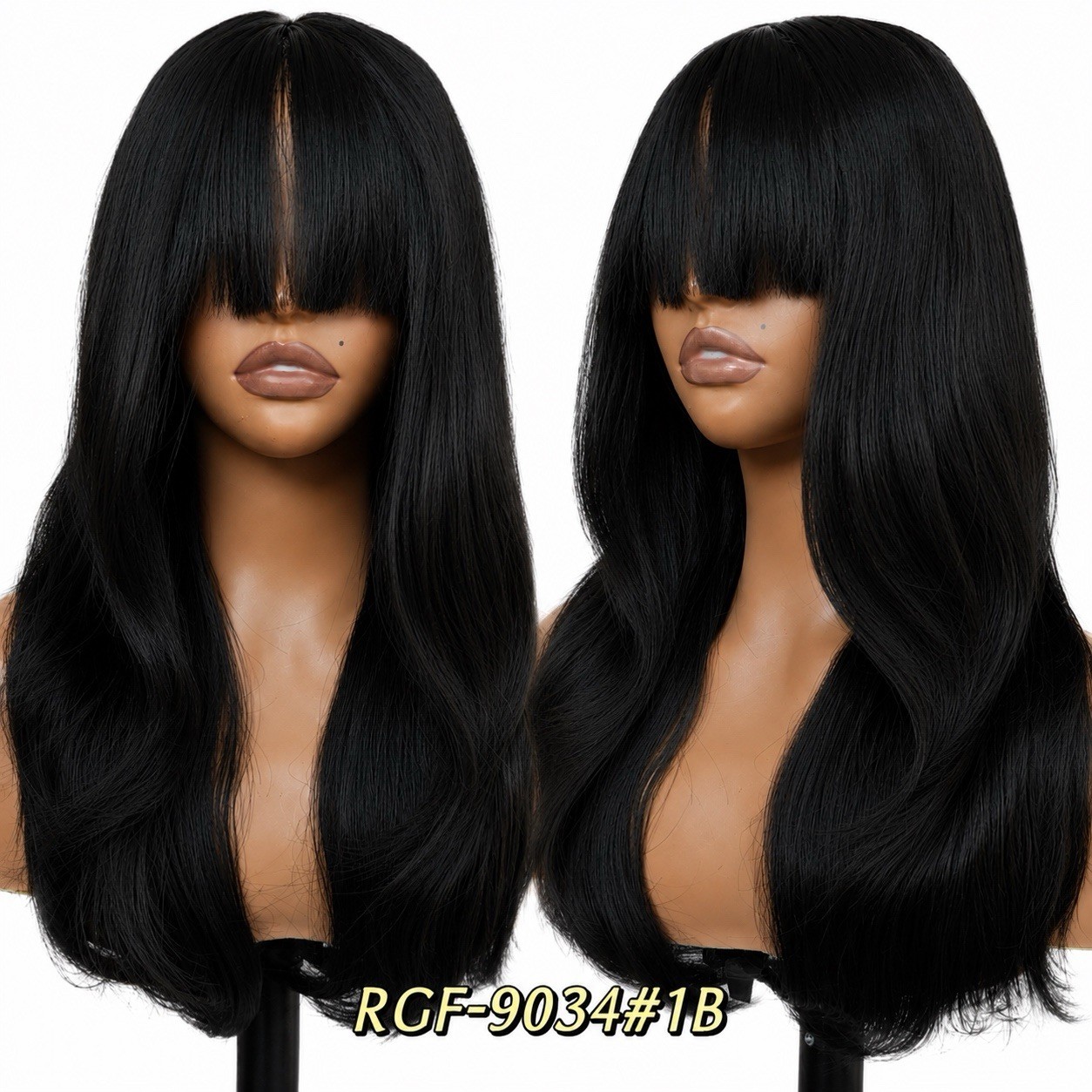 Synthetic Middle-Part Lace Wigs Bangs Loose Wavy Black Heat Resistant Natural