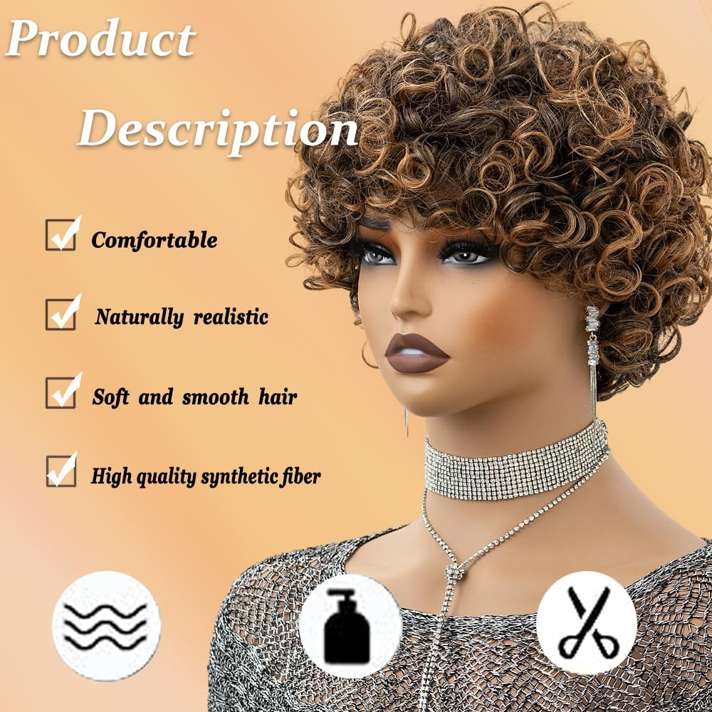 MUJGOO Short Curly Wig for Black Women Brown Highlight 22.5 Inch,