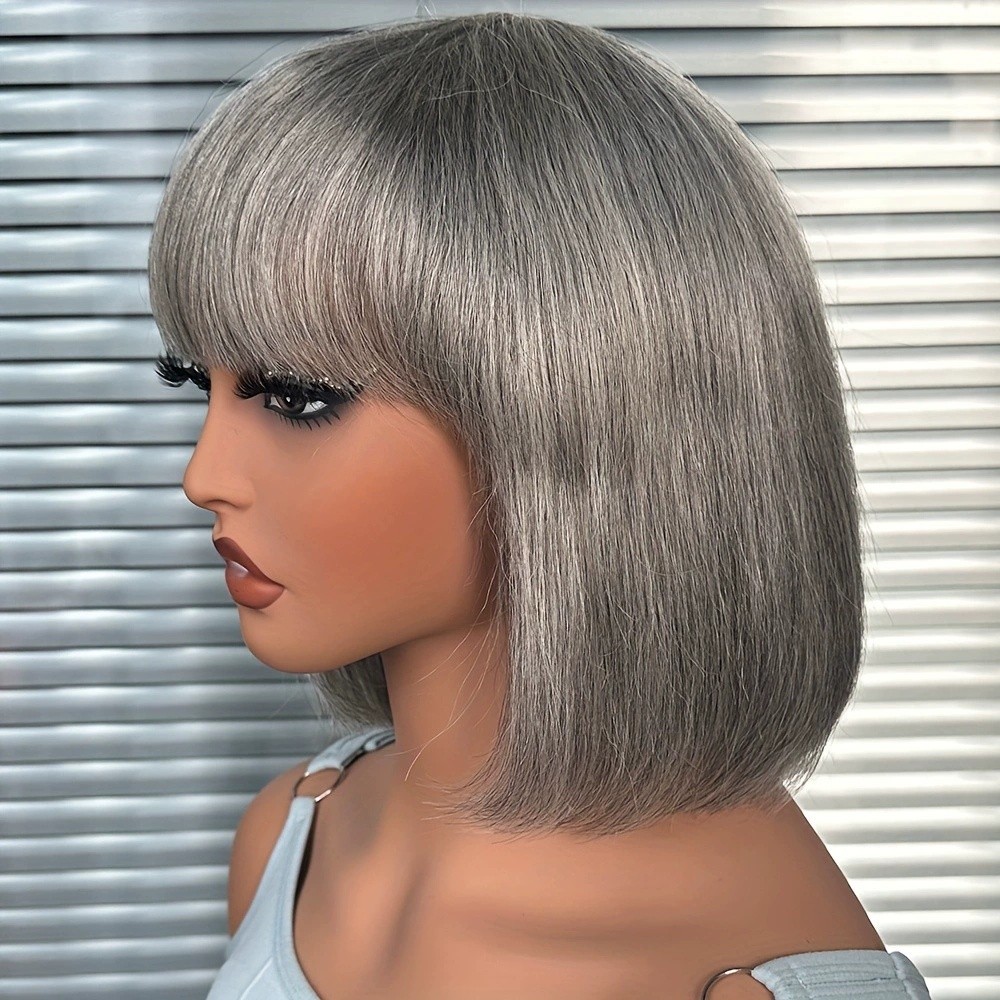 Salt and Pepper Short Bob Wigs Gray Wig with Bangs 100% Human Hair Full Machine