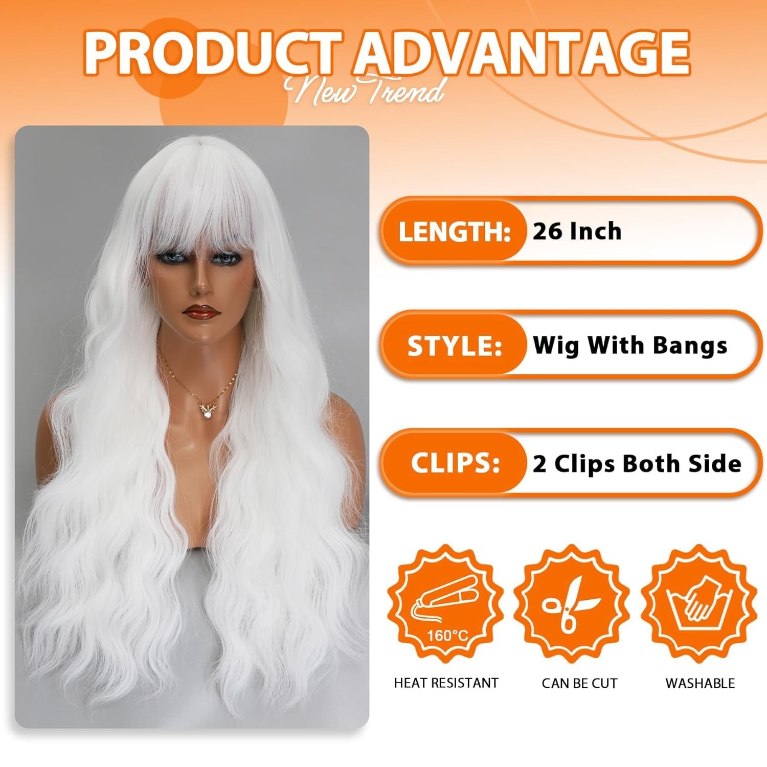 Long Wavy White Wigs for Women 26 Inch White Wig with Bangs Natural Looking S…