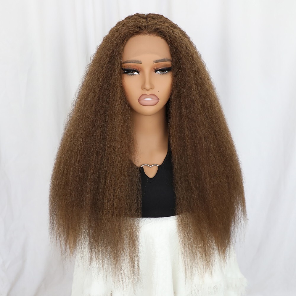 Kinky Straight Lace Front Wigs Synthetic Brown Human Hair Natural Pre Plucked