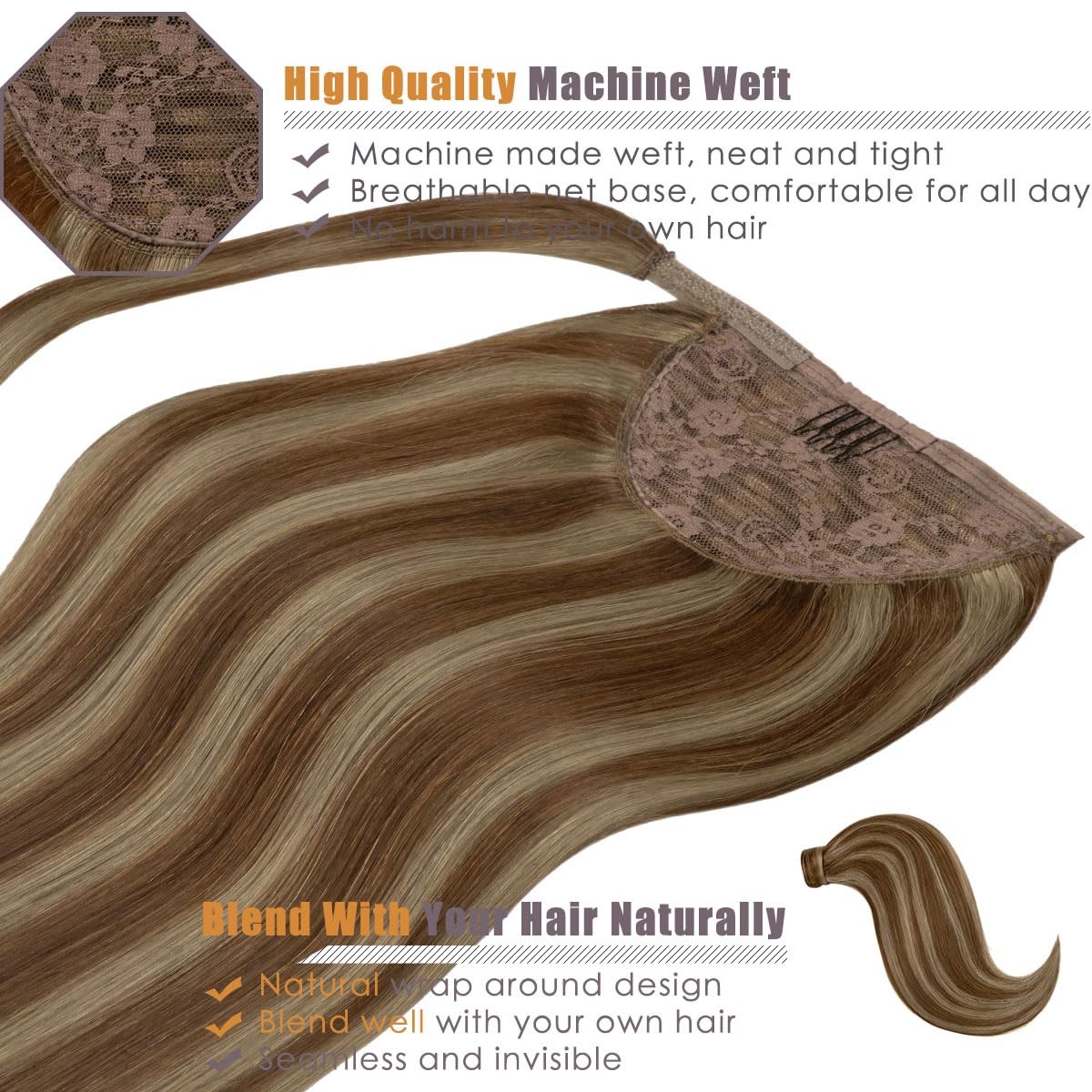 Lacer Real Human Hair Wrap Around Ponytail Extension Dark/Light Brown Highlight